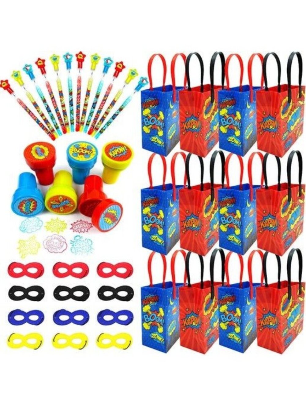 Superhero Party Favor Set With Masks Stamps Gift Bags & Pencils For Kids Birthda